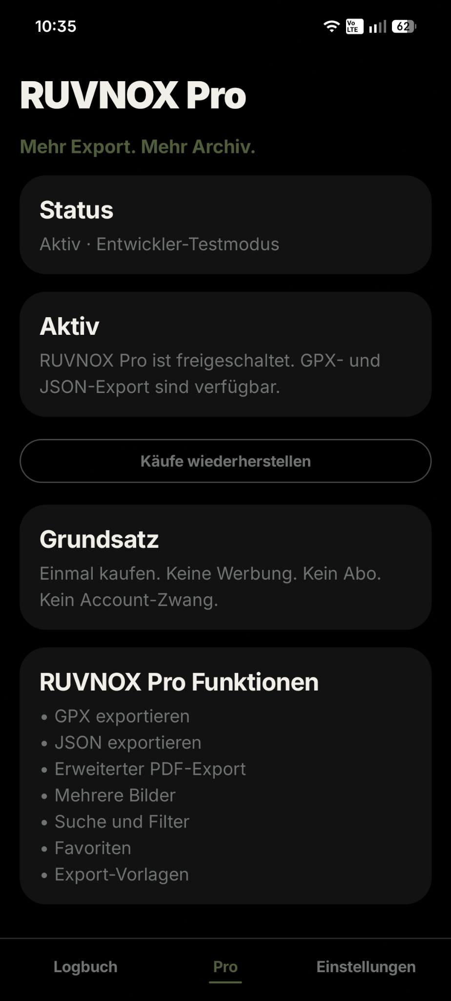 RUVNOX Pro Bildschirm mit Pro-Funktionen