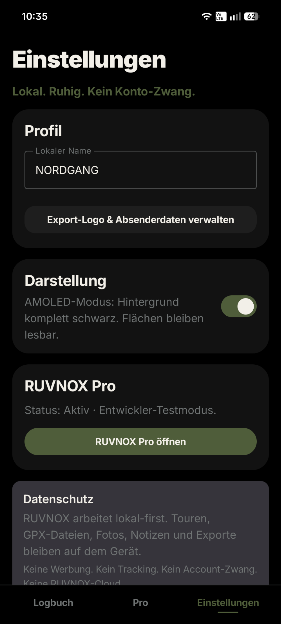 RUVNOX Einstellungen mit Datenschutz und Pro-Hinweisen